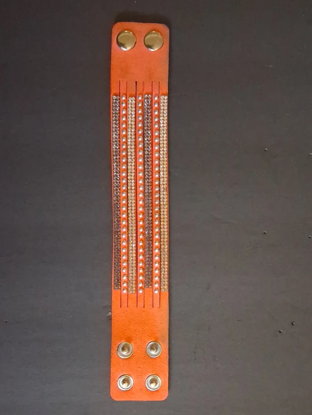 Orange Rhinestone Leather Snap Bracelet - Unbranded